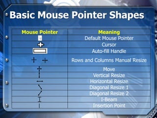 Basic Mouse Pointer Shapes
  Mouse Pointer             Meaning
                       Default Mouse Pointer
                               Cursor
                          Auto-fill Handle
                  Rows and Columns Manual Resize
                               Move
                          Vertical Resize
                         Horizontal Resize
                         Diagonal Resize 1
                         Diagonal Resize 2
                              I-Beam
                          Insertion Point
 