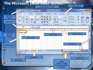 The Microsoft Excel 2007 Screen
                                                                                           Ribbon Menu
                                            Quick Access Toolbar




 MS Office
  Button

 Name Box




 Select All                                                                                  Column Name
                                                        Formula Bar
  Button
                           Active Cell



                                                                                        Scroll Bars
Row Number




                                Sheet Tab
                                                                                                  Zoom Tool
              Status Bar
                                                                         Views
                                                                     (Normal, Page
                                                                   Layout, Page Break
                                                                        Preview)
 