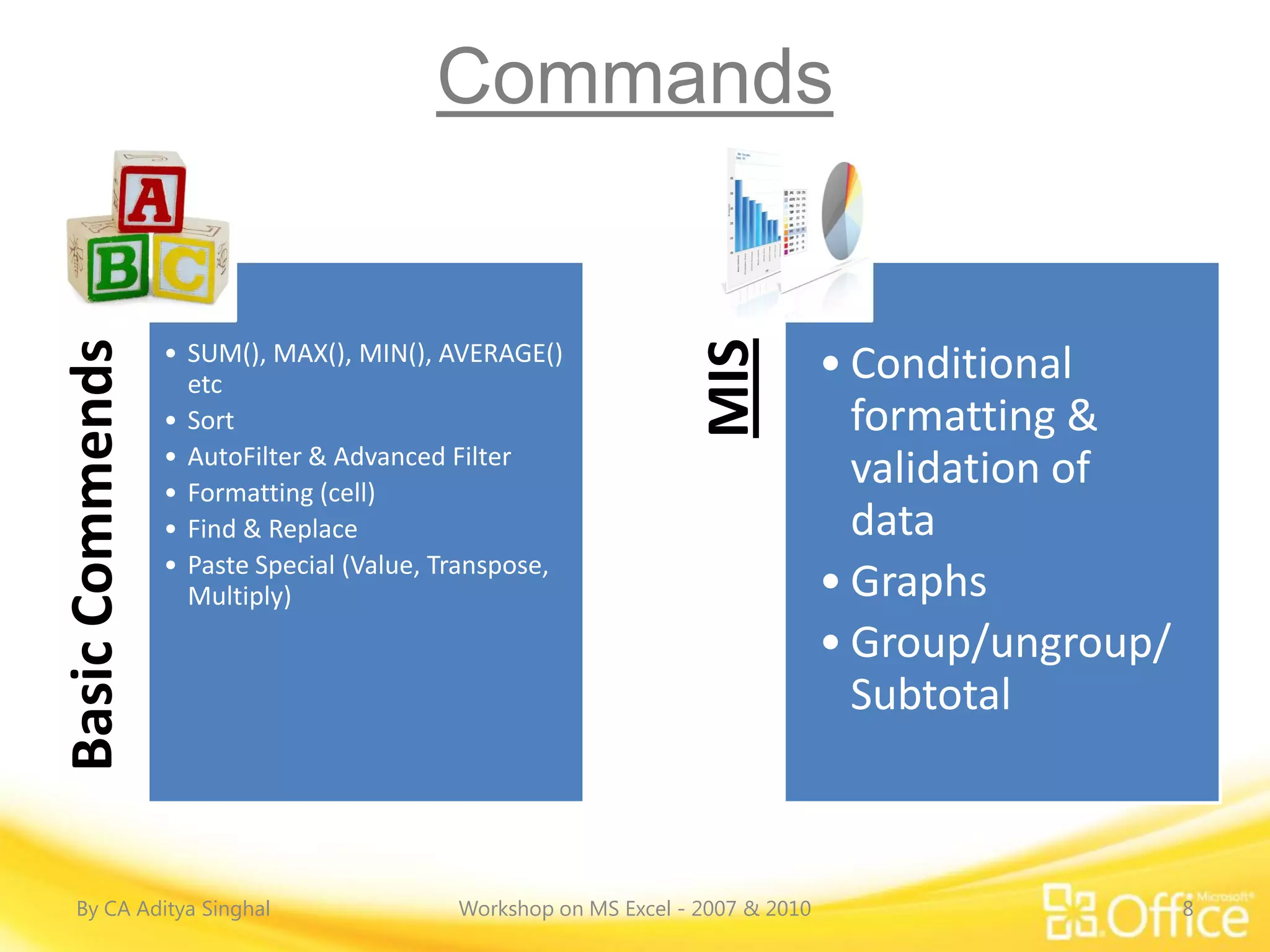 Commands




                                                                 MIS
Basic Commends



                 • SUM(), MAX(), MIN(), AVERAGE()
                   etc
                                                                               • Conditional
                 • Sort                                                          formatting &
                 • AutoFilter & Advanced Filter
                 • Formatting (cell)
                                                                                 validation of
                 • Find & Replace                                                data
                 • Paste Special (Value, Transpose,
                   Multiply)                                                   • Graphs
                                                                               • Group/ungroup/
                                                                                 Subtotal



  By CA Aditya Singhal                    Workshop on MS Excel - 2007 & 2010                      8
 