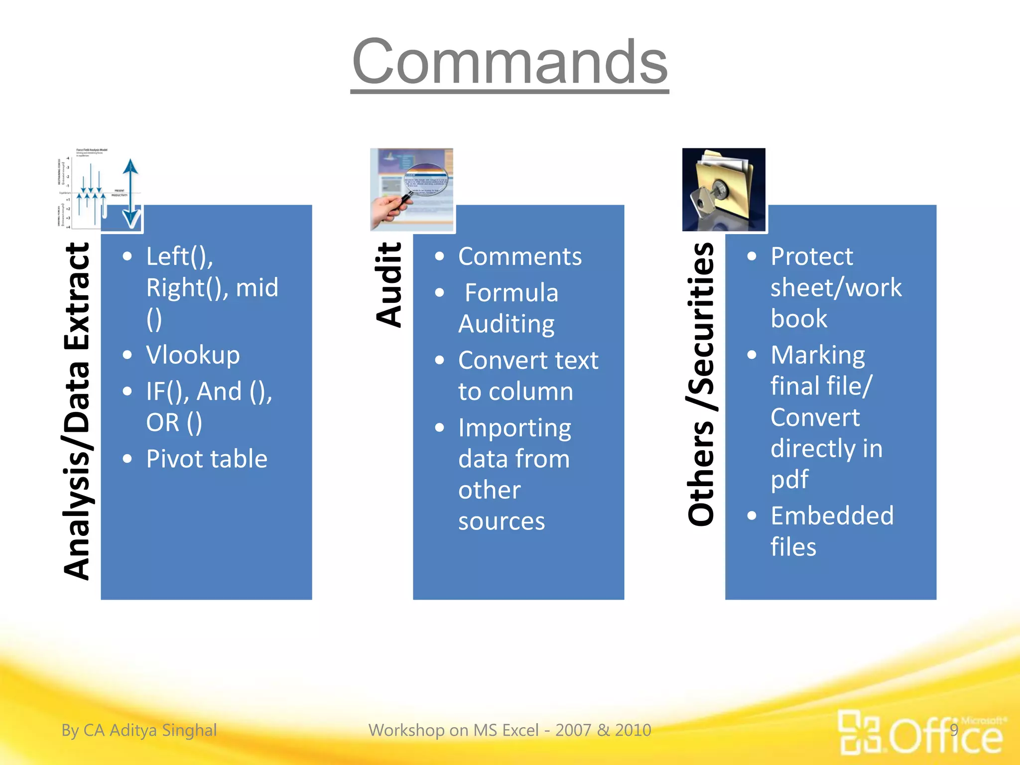 Commands




                                          Audit
Analysis/Data Extract




                                                                               Others /Securities
                        • Left(),                 • Comments                                        • Protect
                          Right(), mid            • Formula                                           sheet/work
                          ()                        Auditing                                          book
                        • Vlookup                 • Convert text                                    • Marking
                        • IF(), And (),             to column                                         final file/
                          OR ()                   • Importing                                         Convert
                        • Pivot table               data from                                         directly in
                                                    other                                             pdf
                                                    sources                                         • Embedded
                                                                                                      files




By CA Aditya Singhal                      Workshop on MS Excel - 2007 & 2010                                        9
 
