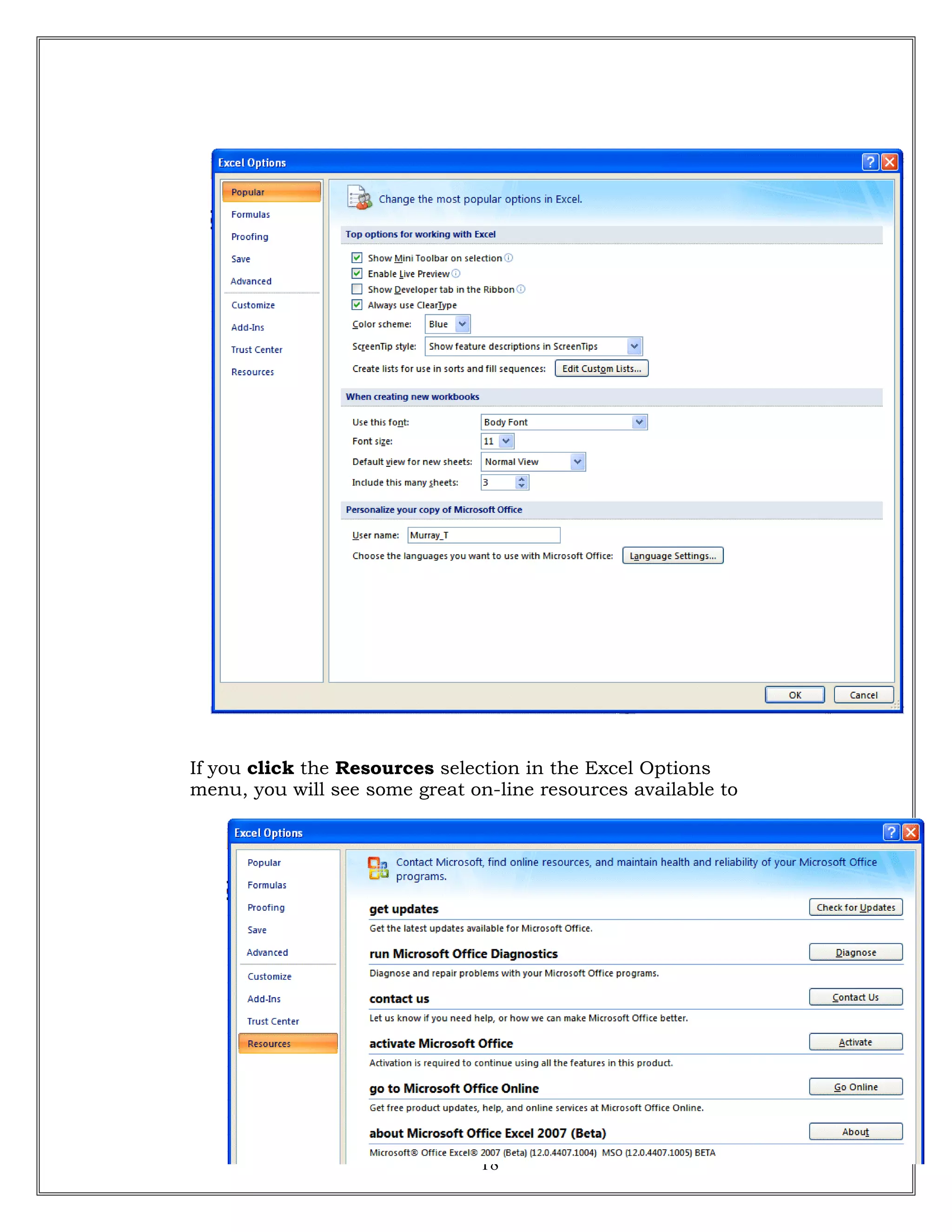 If you click the Resources selection in the Excel Options
menu, you will see some great on-line resources available to
18
 