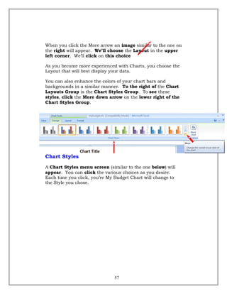 When you click the More arrow an image similar to the one on
the right will appear. We’ll choose the Layout in the upper
left corner. We’ll click on this choice
As you become more experienced with Charts, you choose the
Layout that will best display your data.
You can also enhance the colors of your chart bars and
backgrounds in a similar manner. To the right of the Chart
Layouts Group is the Chart Styles Group. To see these
styles, click the More down arrow on the lower right of the
Chart Styles Group.
Chart Styles
A Chart Styles menu screen (similar to the one below) will
appear. You can click the various choices as you desire.
Each time you click, you’re My Budget Chart will change to
the Style you chose.
57
 