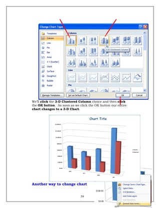 We’ll click the 3-D Clustered Column choice and then click
the OK button. As soon as we click the OK button our entire
chart changes to a 3-D Chart.
Another way to change chart
59
 