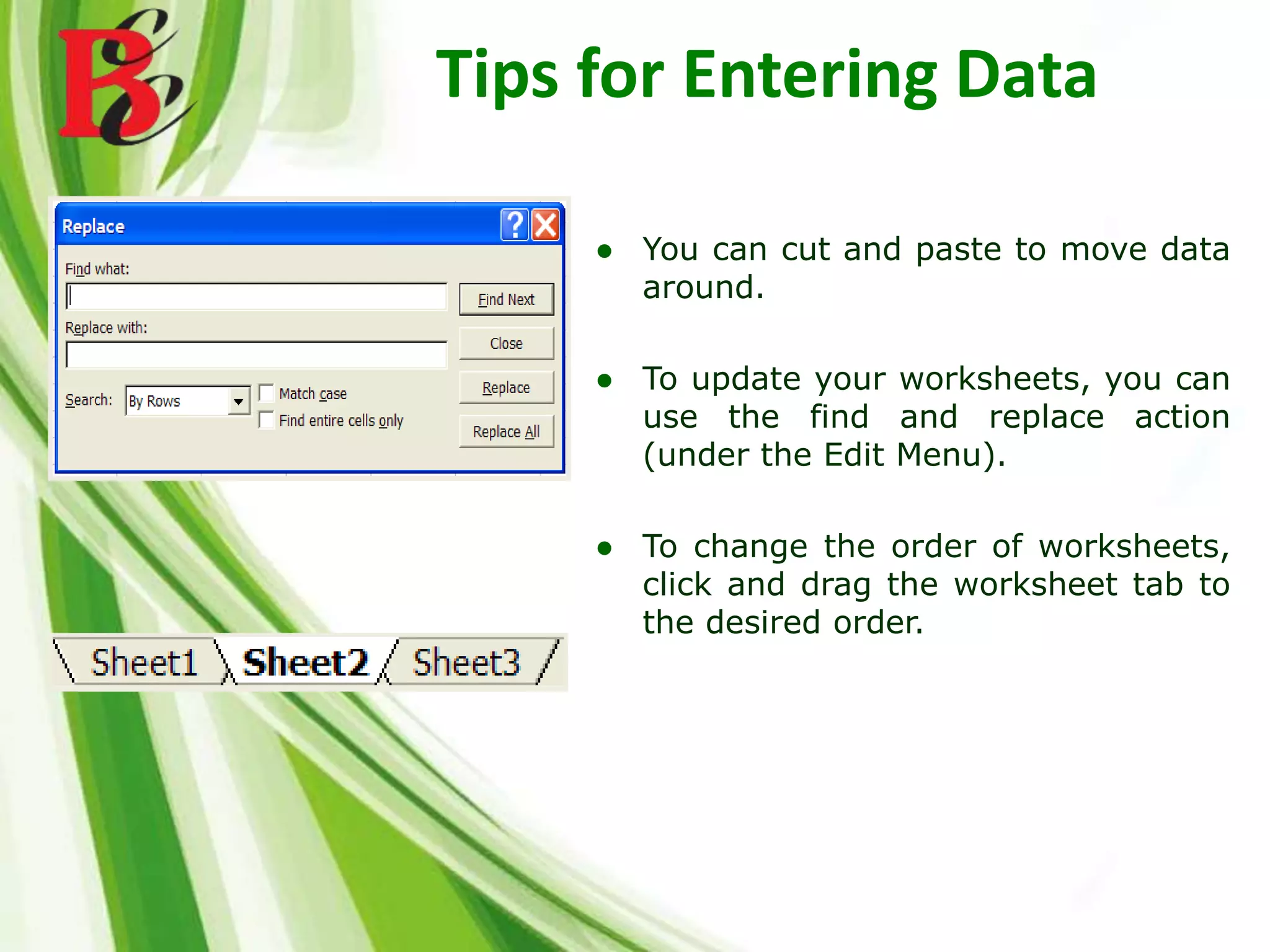 Tips for Entering Data
● You can cut and paste to move data
around.
● To update your worksheets, you can
use the find and replace action
(under the Edit Menu).
● To change the order of worksheets,
click and drag the worksheet tab to
the desired order.
 