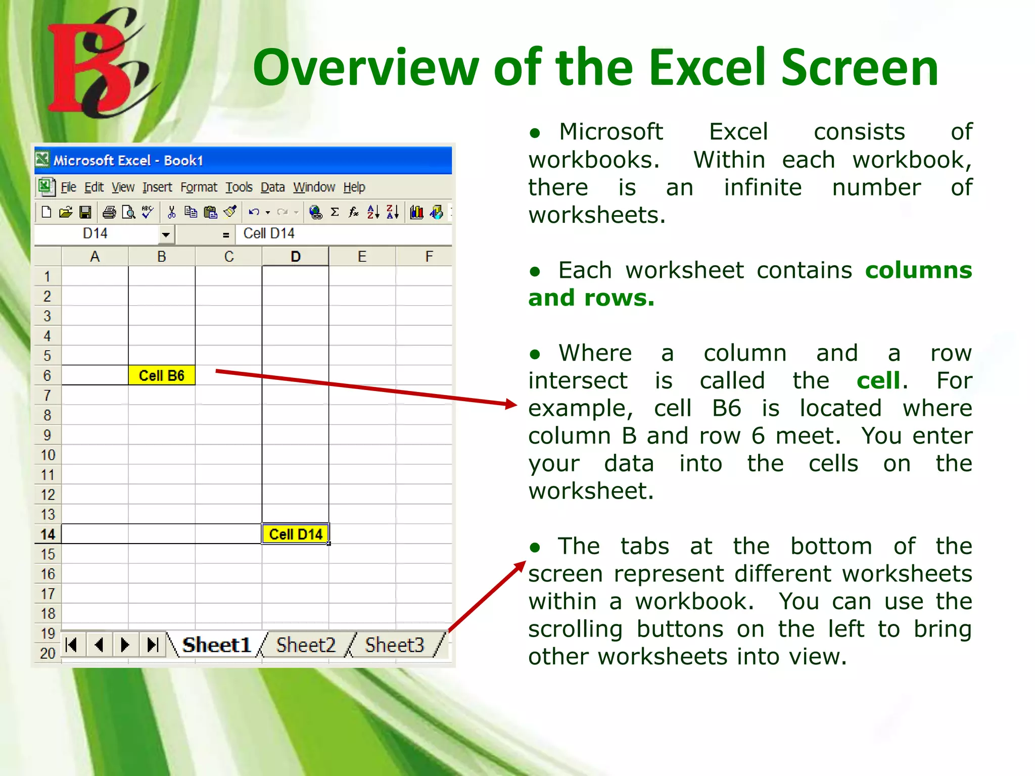 Overview of the Excel Screen
● Microsoft Excel consists of
workbooks. Within each workbook,
there is an infinite number of
worksheets.
● Each worksheet contains columns
and rows.
● Where a column and a row
intersect is called the cell. For
example, cell B6 is located where
column B and row 6 meet. You enter
your data into the cells on the
worksheet.
● The tabs at the bottom of the
screen represent different worksheets
within a workbook. You can use the
scrolling buttons on the left to bring
other worksheets into view.
 