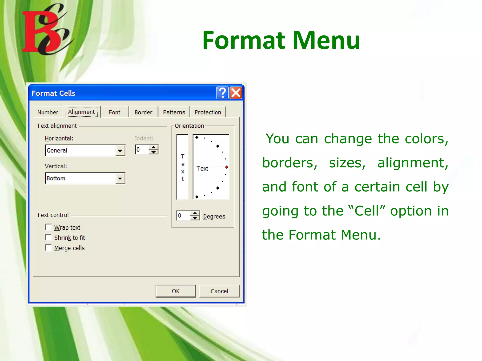Format Menu
● You can change the colors,
borders, sizes, alignment,
and font of a certain cell by
going to the “Cell” option in
the Format Menu.
 