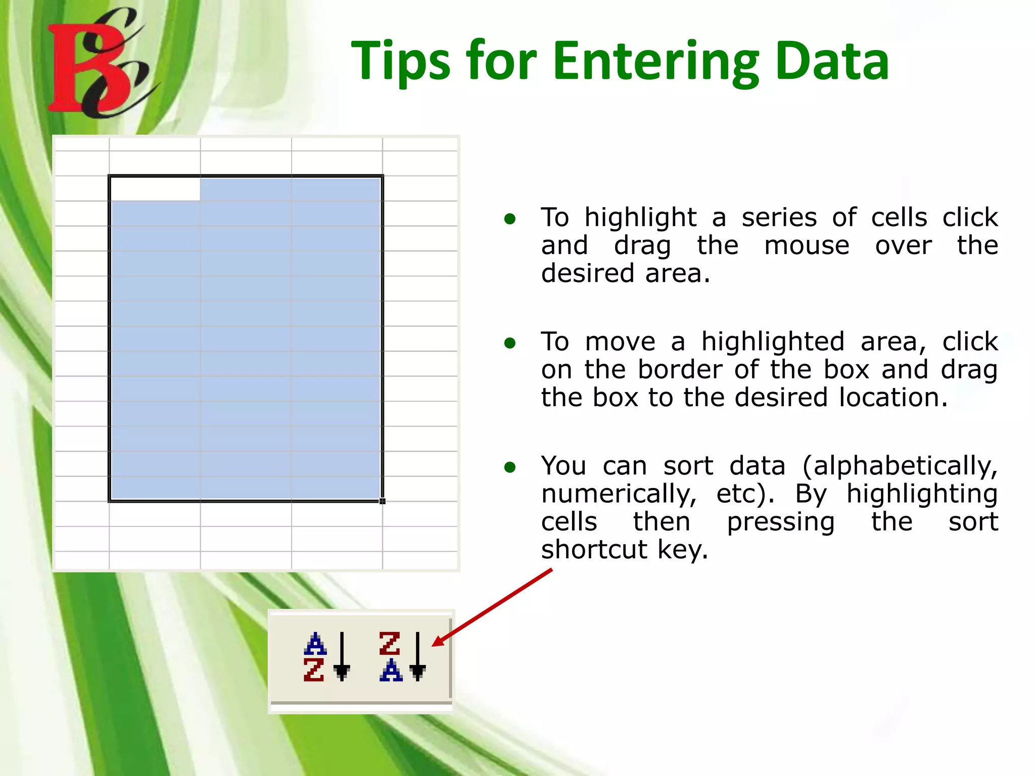 Tips for Entering Data
● To highlight a series of cells click
and drag the mouse over the
desired area.
● To move a highlighted area, click
on the border of the box and drag
the box to the desired location.
● You can sort data (alphabetically,
numerically, etc). By highlighting
cells then pressing the sort
shortcut key.
 