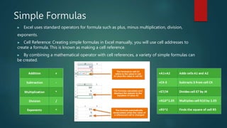 Simple Formulas
▶ Excel uses standard operators for formula such as plus, minus multiplication, division,
exponents.
▶ Cell Reference: Creating simple formulas in Excel manually, you will use cell addresses to
create a formula. This is known as making a cell reference.
▶ By combining a mathematical operator with cell references, a variety of simple formulas can
be created.
 
