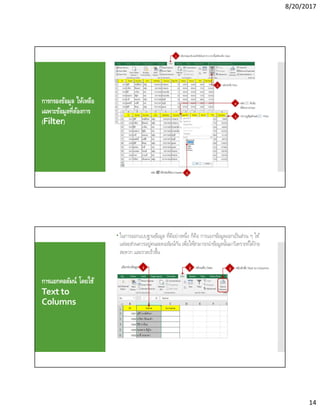 8/20/2017
14
การกรองข้อมูล ให้เหลือ
เฉพาะข้อมูลทีต้องการ
(Filter)
การแยกคอลัมน์ โดยใช้
Text to
Columns
 ในการออกแบบฐานข้อมูล ทีดีอย่างหนึง ก็คือ การแยกข้อมูลออกเป็นส่วน ๆ ให้
แต่ละส่วนควรอยู่คนละคอลัมน์กัน เพือให้สามารถนําข้อมูลนันมาวิเคราะห์ได้ง่าย
สะดวก และรวดเร็วขึน
 