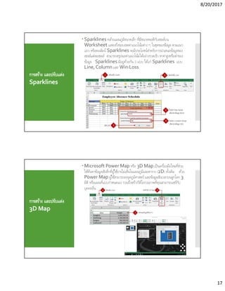 8/20/2017
17
การสร้าง และปรับแต่ง
Sparklines
 Sparklines คล้ายแผนภูมิขนาดเล็ก ทีมีขนาดพอดีกับเซลล์บน
Worksheet แสดงถึงขอบเขตค่าแนวโน้มต่าง ๆ ในชุดของข้อมูล ตามแนว
แถว หรือคอลัมน์ Sparklines จะมีประโยชน์สําหรับการนําเสนอข้อมูลของ
เซลล์แต่ละเซลล์ สามารถสรุปผลค่าแนวโน้มได้อย่างรวดเร็ว หาค่าสูงหรือตําของ
ข้อมูล Sparklines มีอยู่ด้วยกัน 3 แบบ ได้แก่ Sparklines แบบ
Line, Column และ Win/Loss
การสร้าง และปรับแต่ง
3D Map
 Microsoft Power Map หรือ 3D Map เป็นเครืองมือใหม่ทีช่วย
ให้ค้นหาข้อมูลเชิงลึกทีผู้ใช้อาจไม่เห็นในแผนภูมิและตาราง (2D) ดังเดิม ด้วย
Power Map ผู้ใช้สามารถลงจุดภูมิศาสตร์ และข้อมูลเชิงเวลาบนลูกโลก 3
มิติ หรือแผนทีแบบกําหนดเอง รวมถึงสร้างวิดีโอรวมภาพทีคุณสามารถแชร์กับ
บุคคลอืน
 