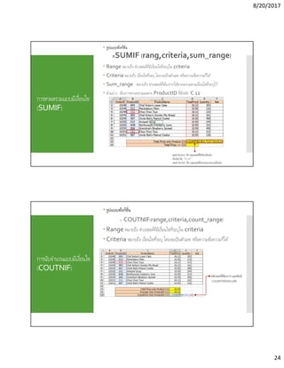 8/20/2017
24
การหาผลรวมแบบมีเงือนไข
(SUMIF)
 รูปแบบฟังก์ชัน
=SUMIF (rang,criteria,sum_range)
 Range หมายถึง ช่วงเซลล์ทีมีเงือนไขทีระบุใน criteria
 Criteria หมายถึง เงือนไขทีระบุ โดยจะเป็นตัวเลข หรือความข้อความก็ได้
 Sum_range หมายถึง ช่วงเซลล์ทีต้องการให้หาผลรวมตามเงือนไขทีระบุไว้
 ตัวอย่าง ต้องการหาผลรวมเฉพาะ ProductID ทีมีรหัส “C 11”
การนับจํานวนแบบมีเงือนไข
(COUTNIF)
 รูปแบบฟังก์ชัน
= COUTNIF(range,criteria,count_range)
 Range หมายถึง ช่วงเซลล์ทีมีเงือนไขทีระบุใน criteria
 Criteria หมายถึง เงือนไขทีระบุ โดยจะเป็นตัวเลข หรือความข้อความก็ได้
 