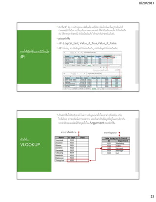 8/20/2017
25
การใช้ฟังก์ชันแบบมีเงือนไข
(IF)
 ฟังก์ชัน IF คือ การสร้างสูตรแบบมีเงือนไข ผลทีได้จากเงือนไขนันจะขึนอยู่กับเงือนไขที
กําหนดลงไป ซึงเป็นการเปรียบเทียบทางตรรกะศาสตร์ ทีมีค่าเป็นจริง และเท็จ ถ้าเงือนไขเป็น
จริง ให้ทําตามคําสังชุดหนึง ถ้าเงือนไขเป็นเท็จ ให้ตามคําสังอีกชุดหนึงเป็นต้น
 รูปแบบฟังก์ชัน
 =IF (Logical_test,Value_if_True,Value_if_False)
 =IF (เงือนไข, ค่า หรือข้อมูลถ้าเงือนไขเป็นจริง, ค่าหรือข้อมูลถ้าเงือนไขเป็นเท็จ)
ฟังก์ชัน
VLOOKUP
 เป็นฟังก์ชันใช้สําหรับหาค่าในตารางข้อมูลแนวตัง โดยหาค่า (ทีเหมือน หรือ
ใกล้เคียง) จากคอลัมน์แรกของตาราง และคืนค่าเป็นข้อมูลทีอยู่ในแถวเดียวกัน
จากลําดับของคอลัมน์ทีระบุลงไปใน Argument ของฟังก์ชัน
 
