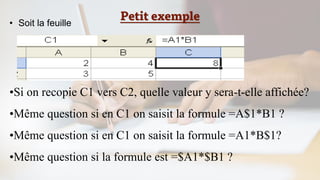 Petit exemple
• Soit la feuille
•Si on recopie C1 vers C2, quelle valeur y sera-t-elle affichée?
•Même question si en C1 on saisit la formule =A$1*B1 ?
•Même question si en C1 on saisit la formule =A1*B$1?
•Même question si la formule est =$A1*$B1 ?
 