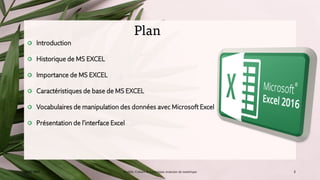 Plan
23/02/2023 Module: Culture et Techniques avancées du numérique 2
Introduction
Historique de MS EXCEL
Importance de MS EXCEL
Caractéristiques de base de MS EXCEL
Vocabulaires de manipulation des données avec Microsoft Excel
Présentation de l’interface Excel
 