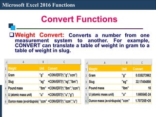 Convert Functions
Microsoft Excel 2016 Functions
Weight Convert: Converts a number from one
measurement system to another. For example,
CONVERT can translate a table of weight in gram to a
table of weight in slug.
 