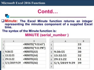 Contd…
Microsoft Excel 2016 Functions
Minute: The Excel Minute function returns an integer
representing the minutes component of a supplied Excel
time.
The syntax of the Minute function is:
MINUTE (serial_number )
 
