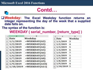 Contd…
Microsoft Excel 2016 Functions
Weekday: The Excel Weekday function returns an
integer representing the day of the week that a supplied
date falls on.
The syntax of the function is:
WEEKDAY ( serial_number, [return_type] )
 