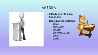 AGENDA
• Introduction to Excel
Functions
• Basic Excel Functions
• SUM()
• AVERAGE()
• COUNT()
• CONCATENATE()
• MIN()
• MAX()
 