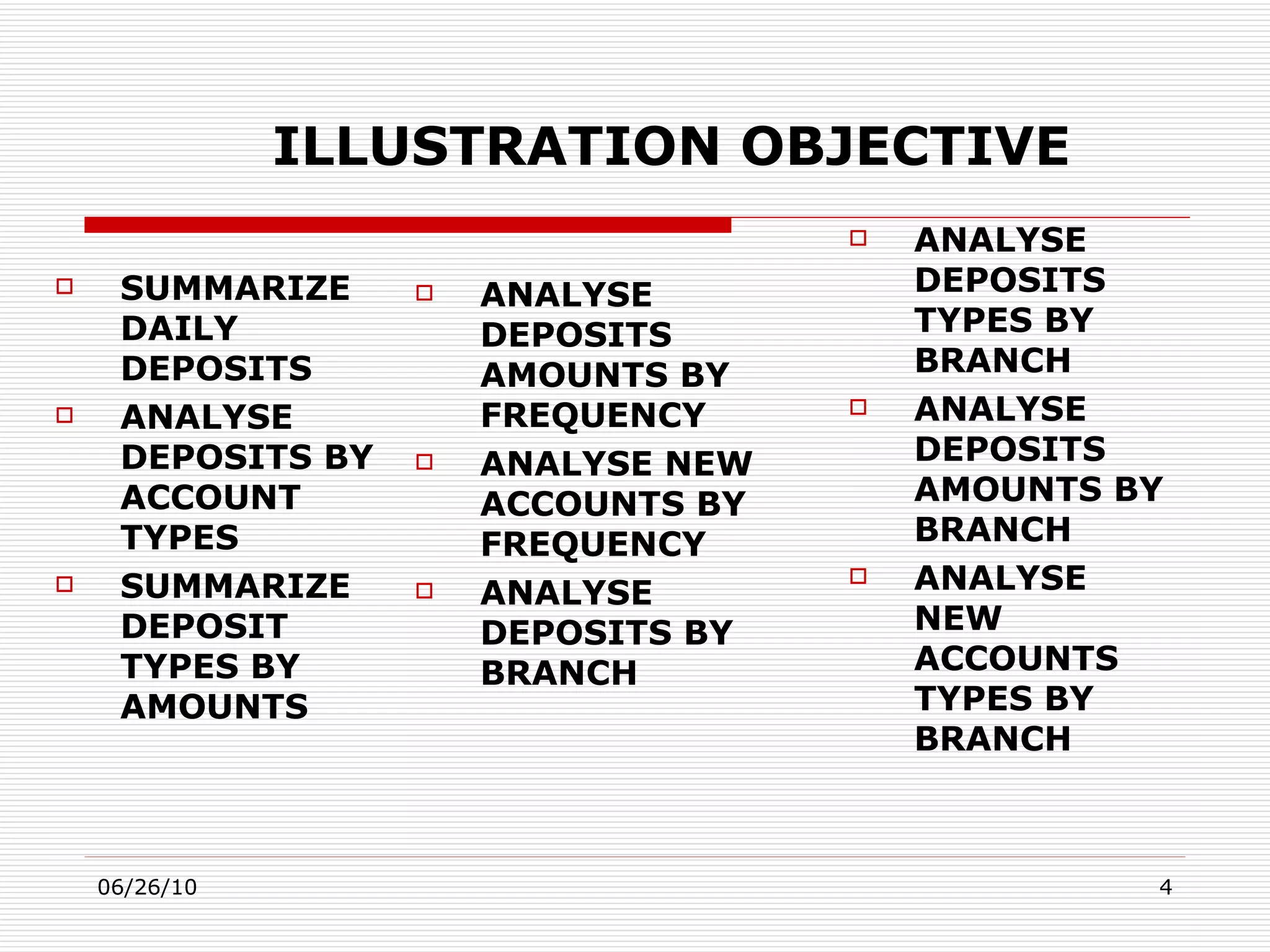 ILLUSTRATION OBJECTIVE SUMMARIZE DAILY DEPOSITS ANALYSE DEPOSITS BY ACCOUNT TYPES SUMMARIZE DEPOSIT TYPES BY AMOUNTS ANALYSE  DEPOSITS TYPES BY BRANCH ANALYSE DEPOSITS AMOUNTS BY BRANCH ANALYSE NEW ACCOUNTS TYPES BY BRANCH ANALYSE DEPOSITS AMOUNTS BY FREQUENCY ANALYSE NEW ACCOUNTS BY FREQUENCY ANALYSE DEPOSITS BY BRANCH 