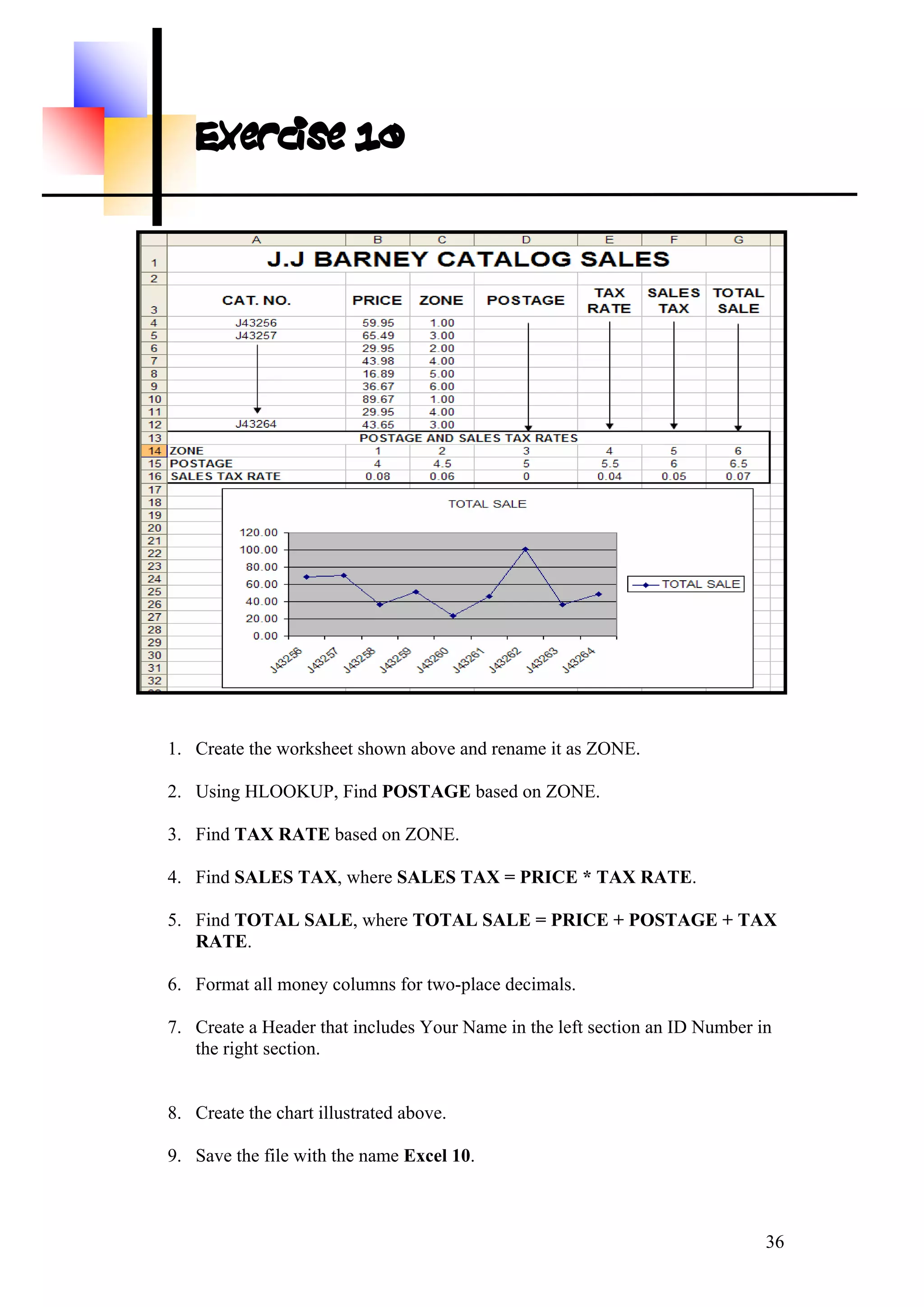Exercise 10
1. Create the worksheet shown above and rename it as ZONE.
2. Using HLOOKUP, Find POSTAGE based on ZONE.
3. Find TAX RATE based on ZONE.
4. Find SALES TAX, where SALES TAX = PRICE * TAX RATE.
5. Find TOTAL SALE, where TOTAL SALE = PRICE + POSTAGE + TAX
RATE.
6. Format all money columns for two-place decimals.
7. Create a Header that includes Your Name in the left section an ID Number in
the right section.
8. Create the chart illustrated above.
9. Save the file with the name Excel 10.
36
 