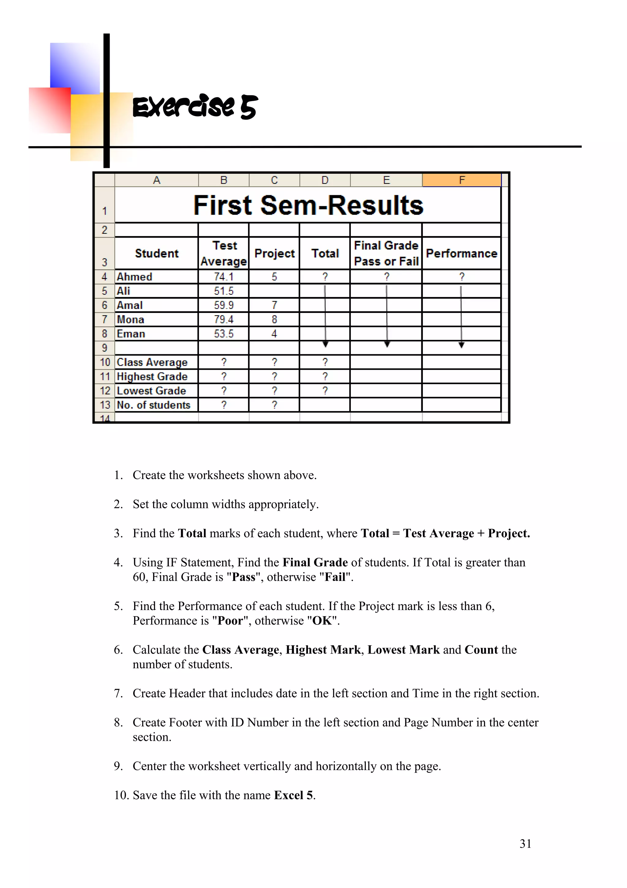 Exercise 5
. Create the worksheets shown above.
2. Set the column widths appropriately.
3. Find the Total marks of each student, where Total = Test Average + Project.
4. students. If Total is greater than
60, Final Grade is "Pass", otherwise "Fail".
5. e Project mark is less than 6,
Performance is "Poor", otherwise "OK".
6. verage, Highest Mark, Lowest Mark and Count the
number of students.
7. Create Header that includes date in the left section and Time in the right section.
8. oter with ID Number in the left section and Page Number in the center
section.
9. Center the worksheet vertically and horizontally on the page.
10. Save the file with the name Excel 5.
1
Using IF Statement, Find the Final Grade of
Find the Performance of each student. If th
Calculate the Class A
Create Fo
31
 