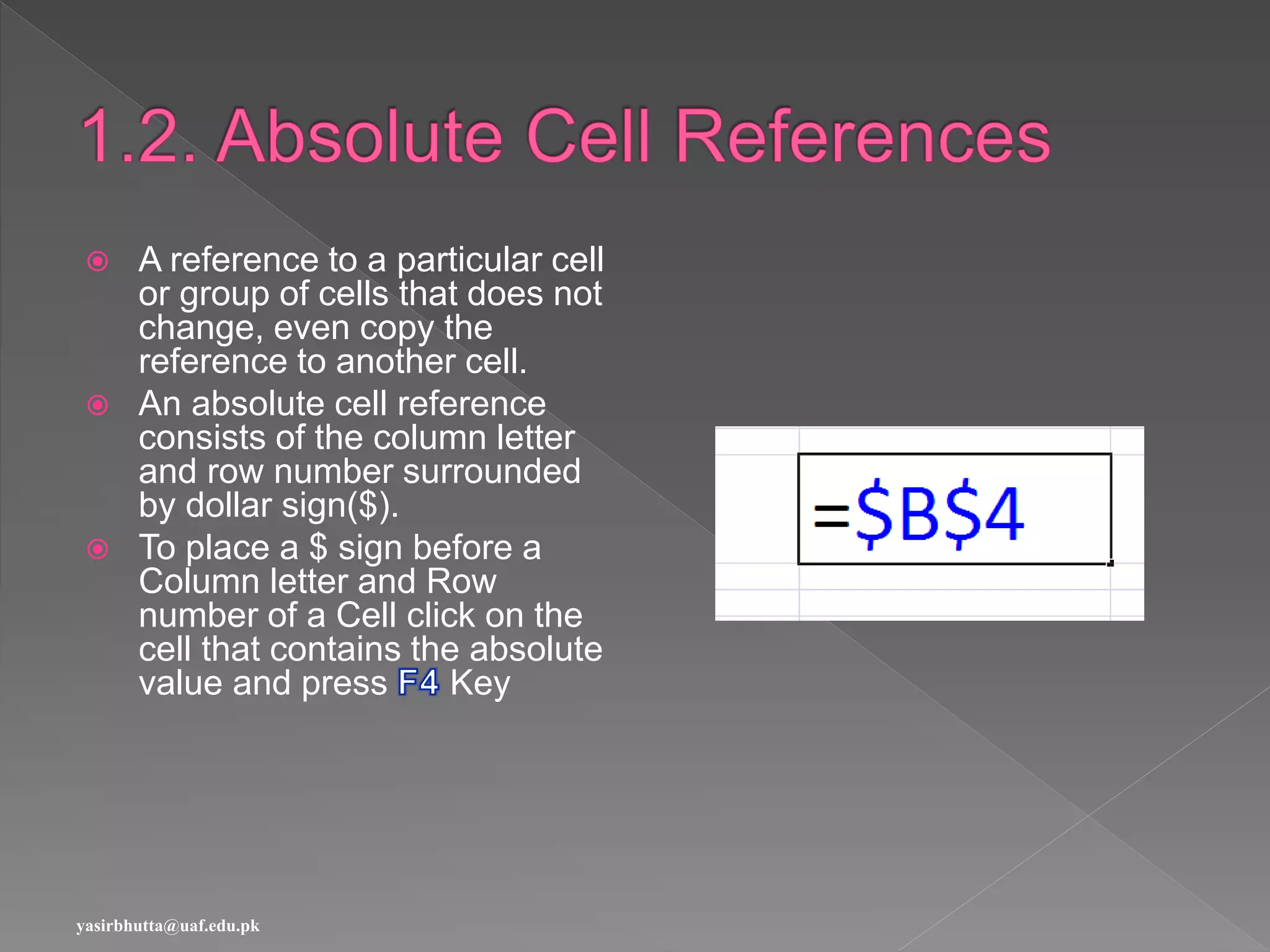  A reference to a particular cell
or group of cells that does not
change, even copy the
reference to another cell.
 An absolute cell reference
consists of the column letter
and row number surrounded
by dollar sign($).
 To place a $ sign before a
Column letter and Row
number of a Cell click on the
cell that contains the absolute
value and press Key
yasirbhutta@uaf.edu.pk
 