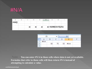 Note You can enter #N/A in those cells where data is not yet available.
Formulas that refer to those cells will then return #N/A instead of
attempting to calculate a value.
yasirbhutta@uaf.edu.pk
 