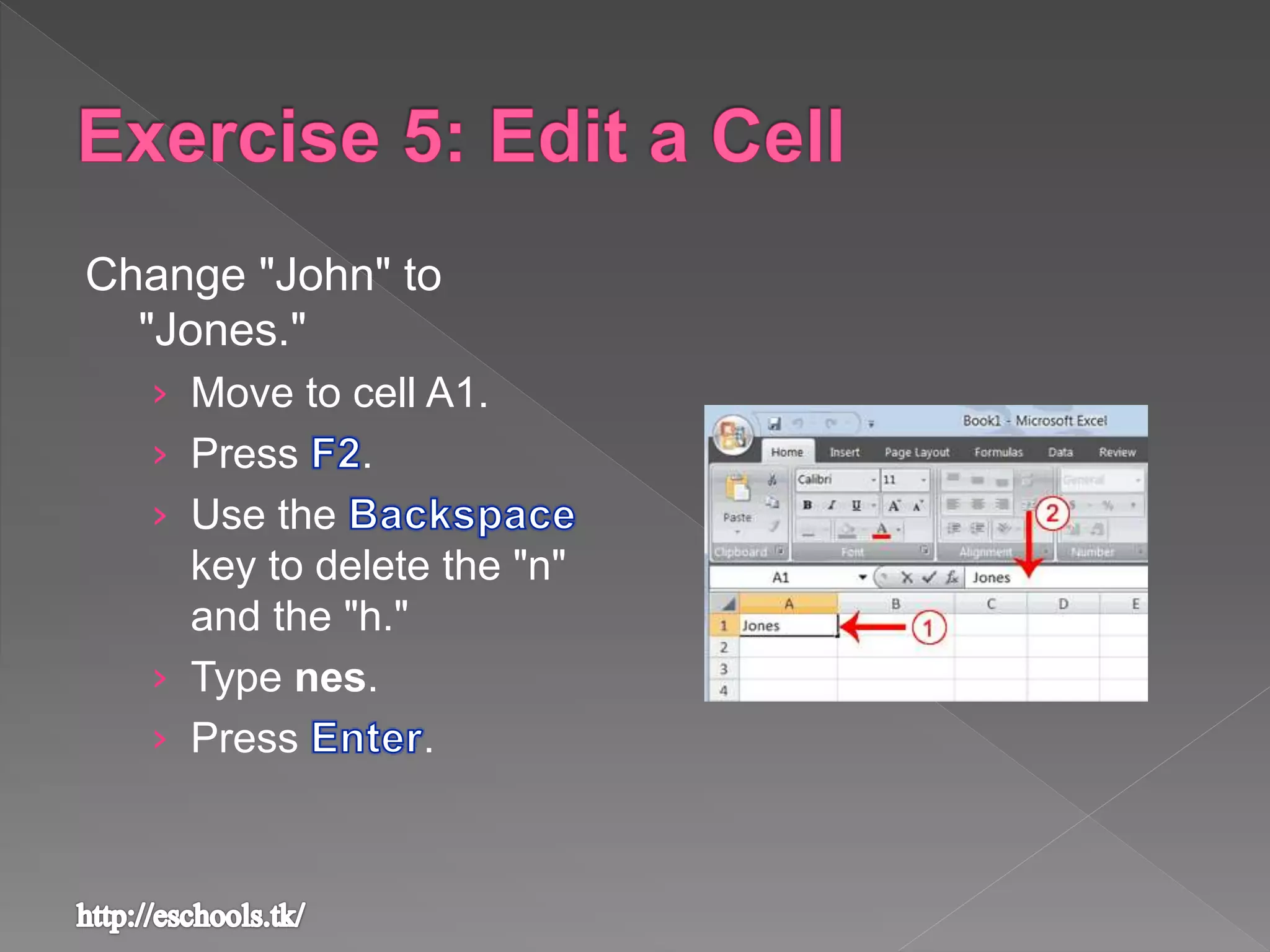 Change "John" to
"Jones."
› Move to cell A1.
› Press .
› Use the
key to delete the "n"
and the "h."
› Type nes.
› Press .
 