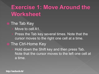  The Tab Key
› Move to cell A1.
› Press the Tab key several times. Note that the
cursor moves to the right one cell at a time.
 The Ctrl-Home Key
› Hold down the Shift key and then press Tab.
Note that the cursor moves to the left one cell at
a time.
 