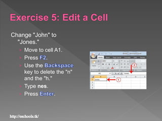 Change "John" to
"Jones."
› Move to cell A1.
› Press .
› Use the
key to delete the "n"
and the "h."
› Type nes.
› Press .
 