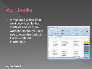  A Microsoft Office Excel
workbook is a file that
contains one or more
worksheets that you can
use to organize various
kinds of related
information.
 