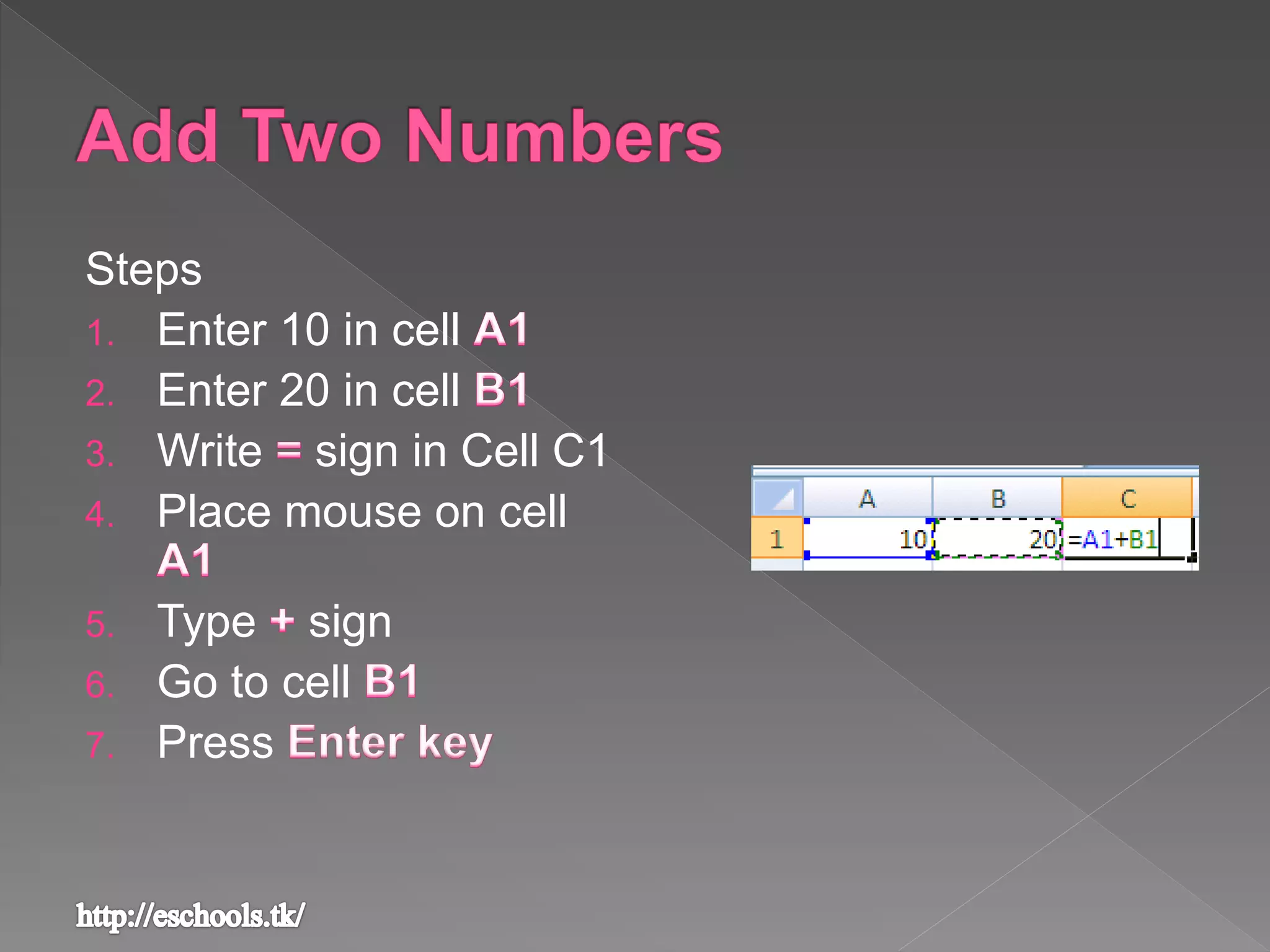 Steps
1. Enter 10 in cell
2. Enter 20 in cell
3. Write sign in Cell C1
4. Place mouse on cell
5. Type sign
6. Go to cell
7. Press
 