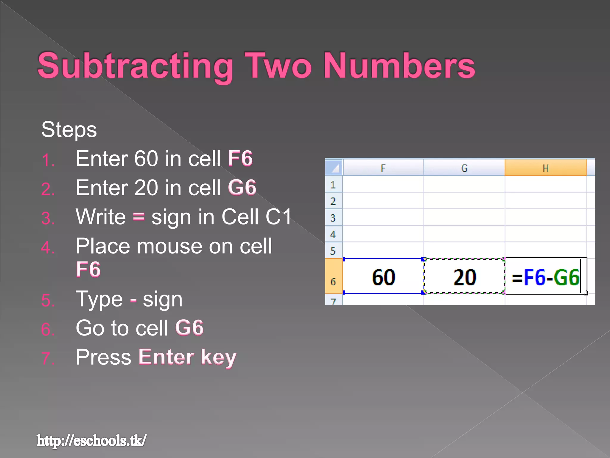 Steps
1. Enter 60 in cell
2. Enter 20 in cell
3. Write sign in Cell C1
4. Place mouse on cell
5. Type sign
6. Go to cell
7. Press
 