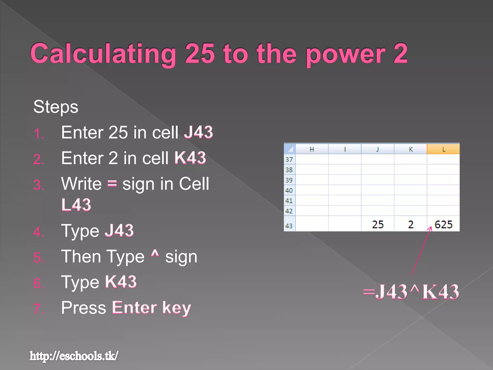 Steps
1. Enter 25 in cell
2. Enter 2 in cell
3. Write sign in Cell
4. Type
5. Then Type sign
6. Type
7. Press
 