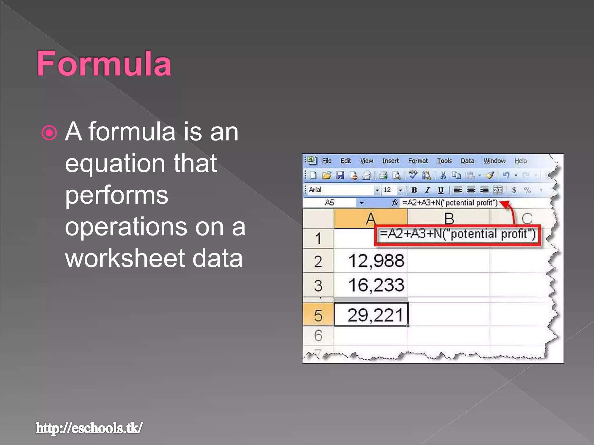  A formula is an
equation that
performs
operations on a
worksheet data
 