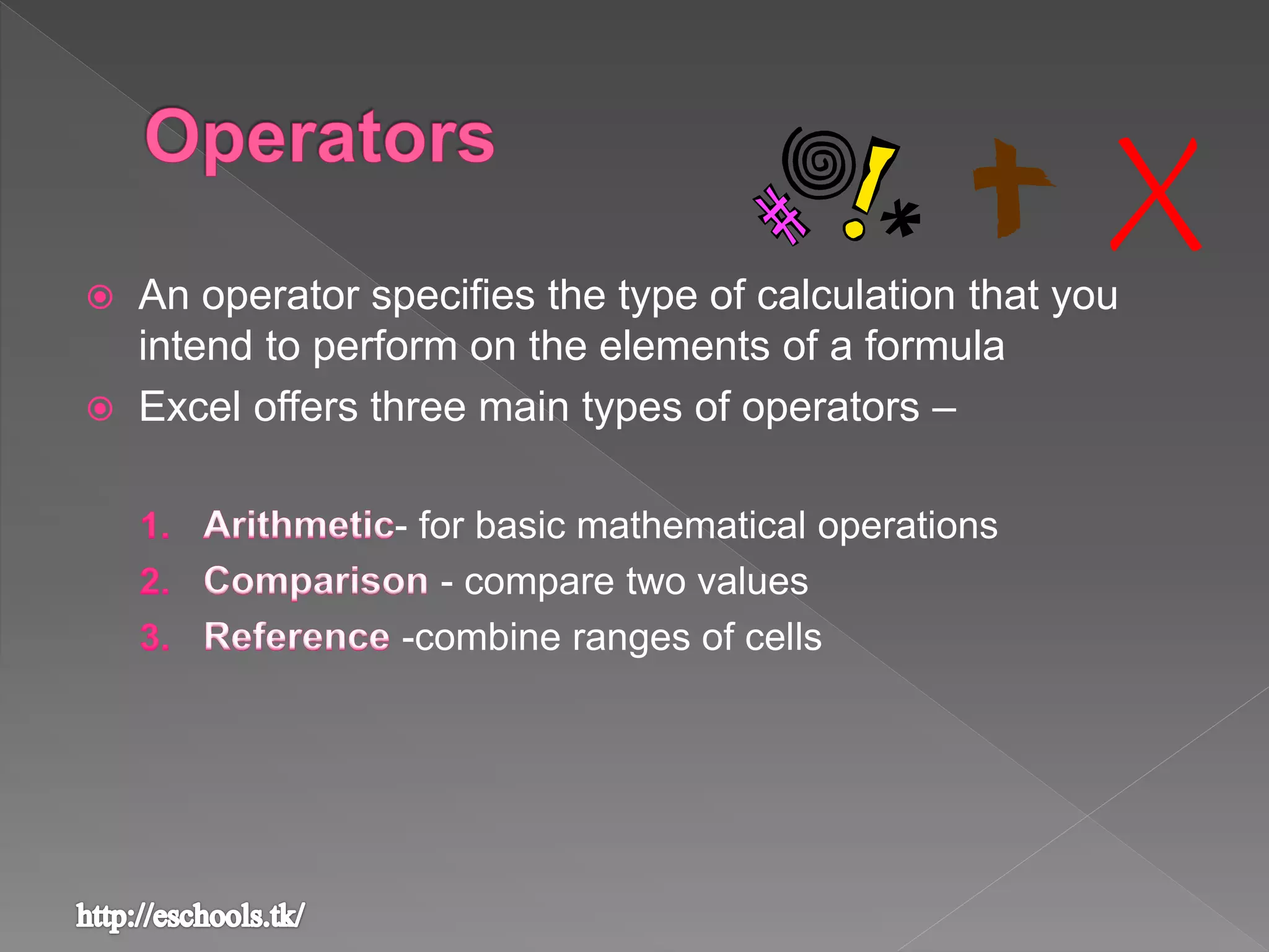  An operator specifies the type of calculation that you
intend to perform on the elements of a formula
 Excel offers three main types of operators –
- for basic mathematical operations
- compare two values
-combine ranges of cells
 