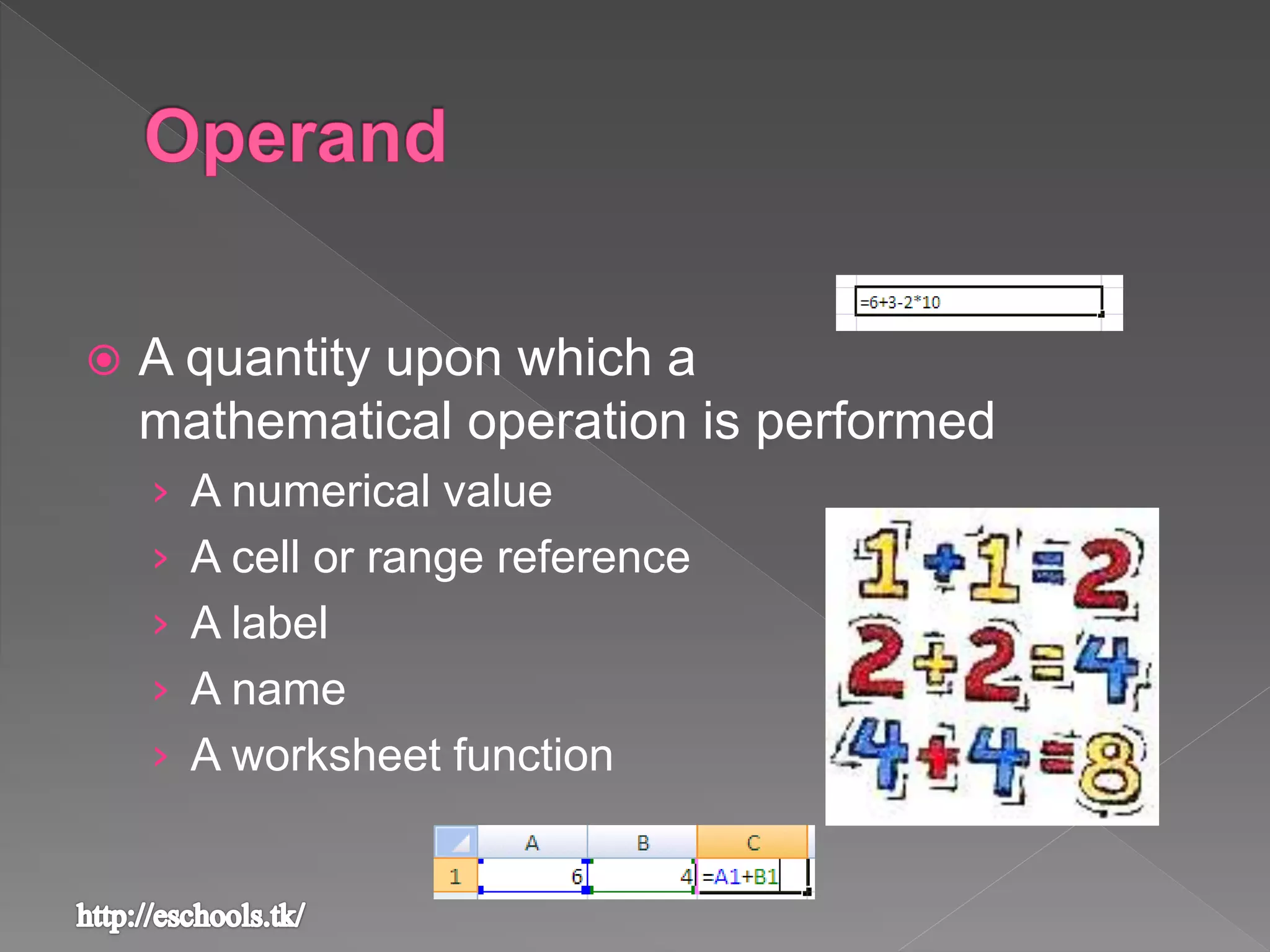  A quantity upon which a
mathematical operation is performed
› A numerical value
› A cell or range reference
› A label
› A name
› A worksheet function
 