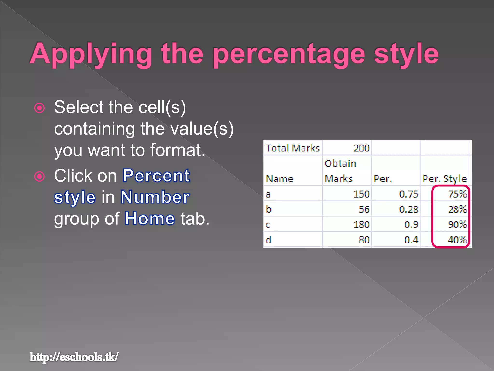  Select the cell(s)
containing the value(s)
you want to format.
 Click on
in
group of tab.
 