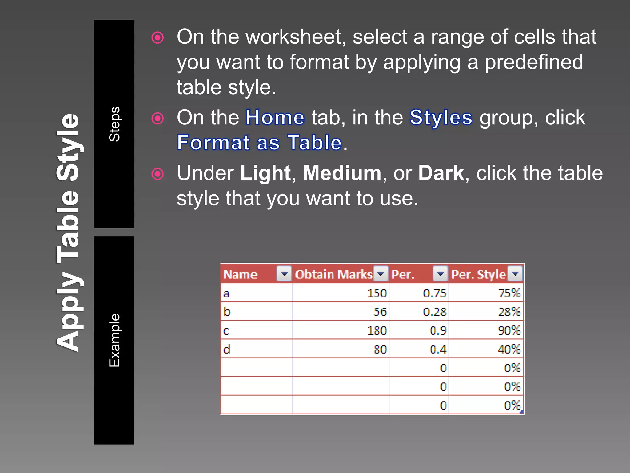 StepsExample
 On the worksheet, select a range of cells that
you want to format by applying a predefined
table style.
 On the tab, in the group, click
.
 Under Light, Medium, or Dark, click the table
style that you want to use.
 