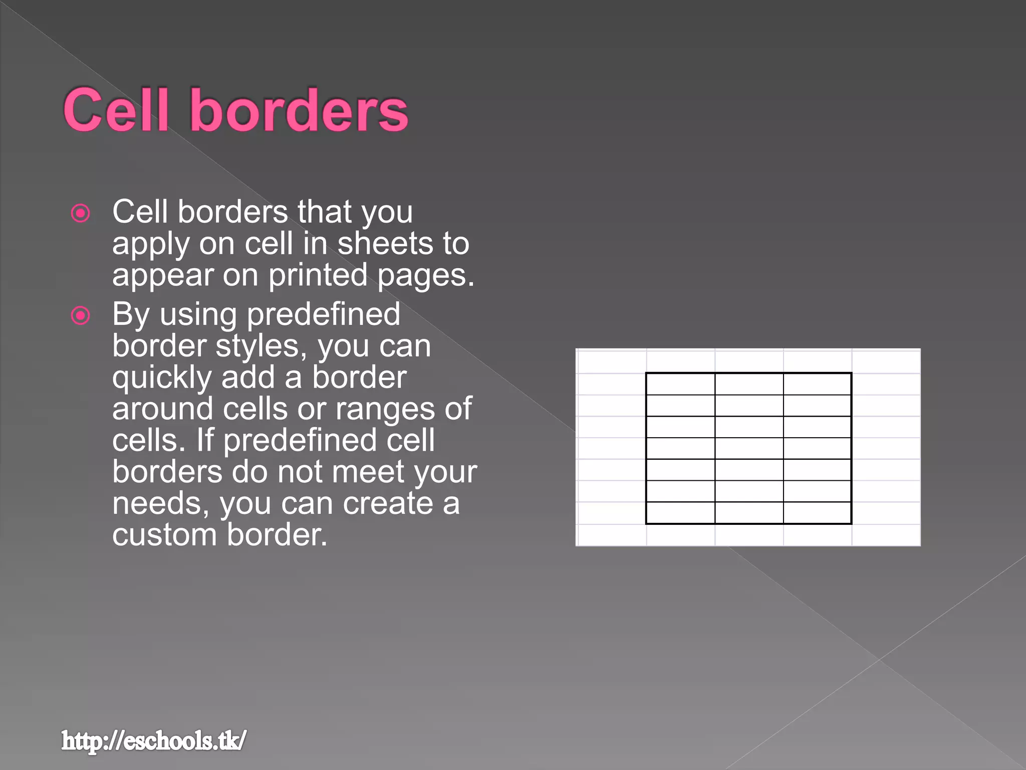  Cell borders that you
apply on cell in sheets to
appear on printed pages.
 By using predefined
border styles, you can
quickly add a border
around cells or ranges of
cells. If predefined cell
borders do not meet your
needs, you can create a
custom border.
 