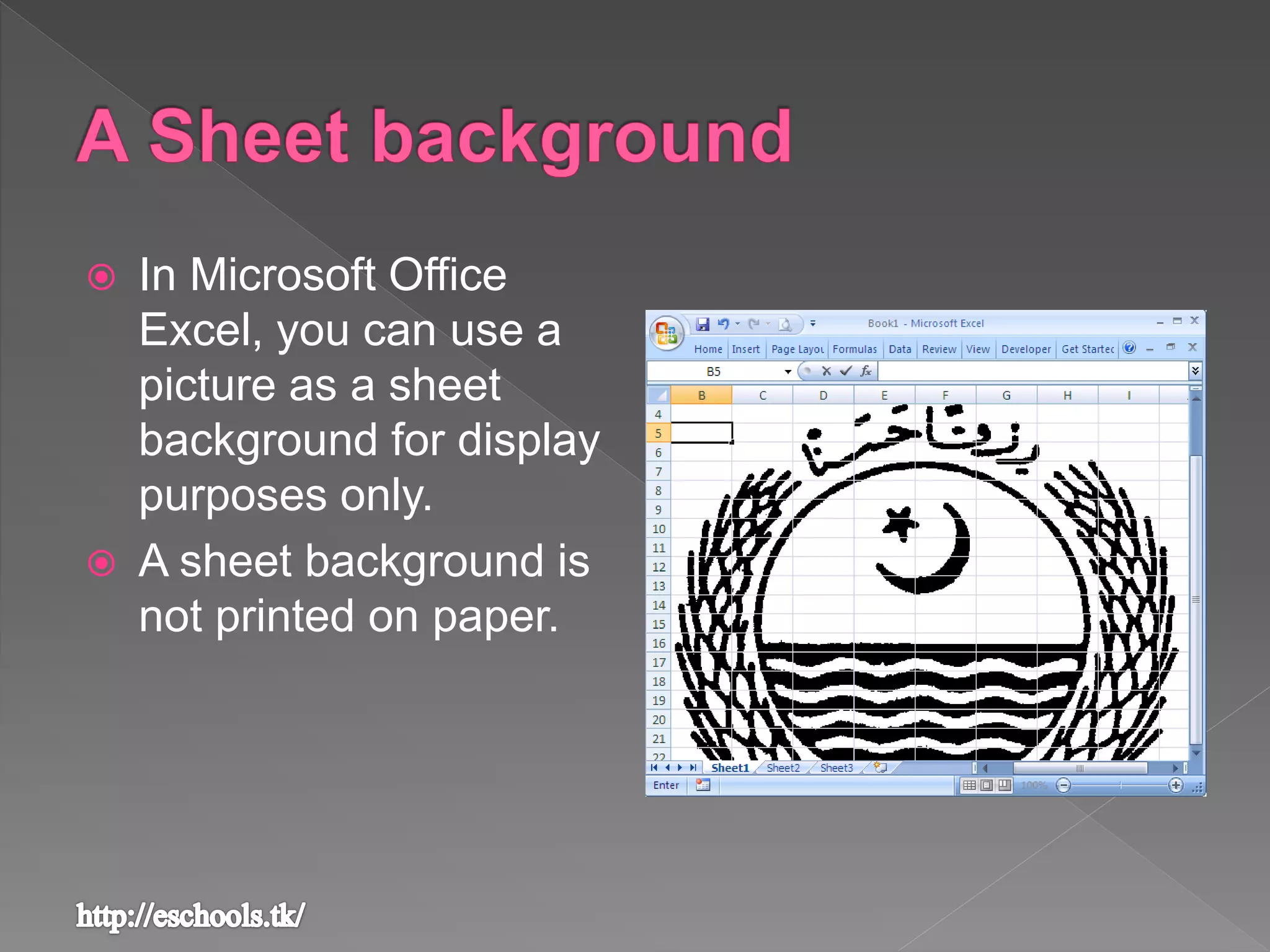  In Microsoft Office
Excel, you can use a
picture as a sheet
background for display
purposes only.
 A sheet background is
not printed on paper.
 