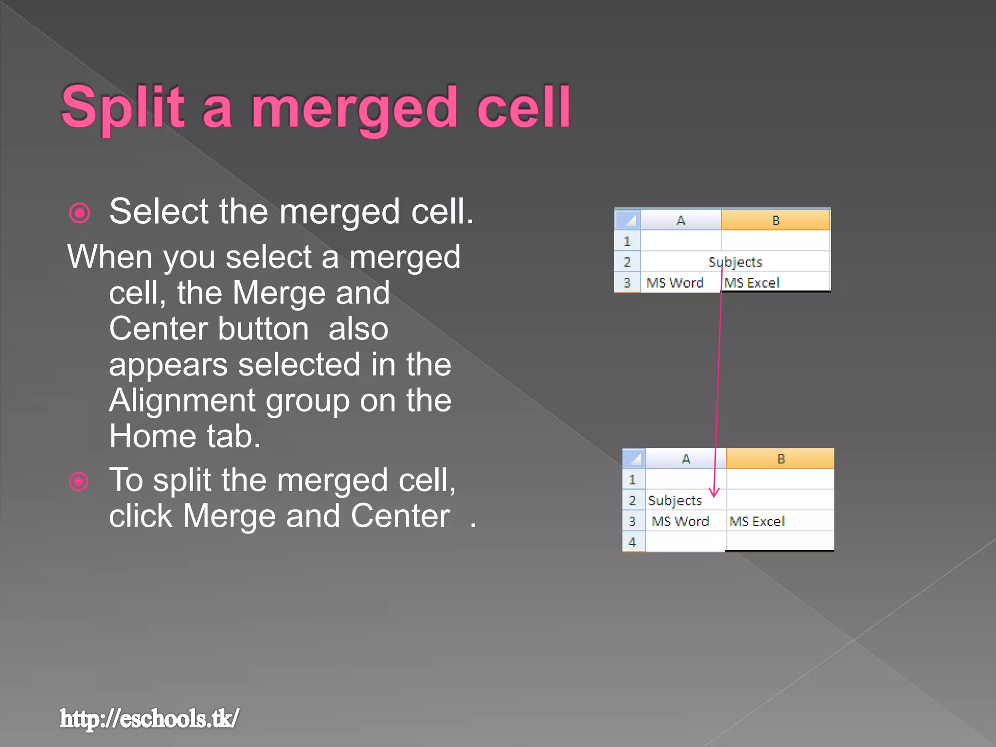  Select the merged cell.
When you select a merged
cell, the Merge and
Center button also
appears selected in the
Alignment group on the
Home tab.
 To split the merged cell,
click Merge and Center .
 