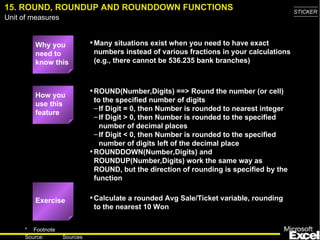 15. ROUND, ROUNDUP AND ROUNDDOWN FUNCTIONS                                                 STICKER
Unit of measures


         Why you             • Many situations exist when you need to have exact
         need to              numbers instead of various fractions in your calculations
         know this            (e.g., there cannot be 536.235 bank branches)



         How you
                             • ROUND(Number,Digits) ==> Round the number (or cell)
                               to the specified number of digits
         use this
                               – If Digit = 0, then Number is rounded to nearest integer
         feature
                               – If Digit > 0, then Number is rounded to the specified
                                 number of decimal places
                               – If Digit < 0, then Number is rounded to the specified
                                 number of digits left of the decimal place
                             • ROUNDDOWN(Number,Digits) and
                               ROUNDUP(Number,Digits) work the same way as
                               ROUND, but the direction of rounding is specified by the
                               function


         Exercise            • Calculate a rounded Avg Sale/Ticket variable, rounding
                              to the nearest 10 Won


     * Footnote
                                                                                             19
     Source:       Sources
 