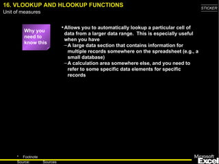 16. VLOOKUP AND HLOOKUP FUNCTIONS                                                        STICKER
Unit of measures


                             • Allows you to automatically lookup a particular cell of
         Why you
                              data from a larger data range. This is especially useful
         need to
                              when you have
         know this
                              – A large data section that contains information for
                                multiple records somewhere on the spreadsheet (e.g., a
                                small database)
                              – A calculation area somewhere else, and you need to
                                refer to some specific data elements for specific
                                records




     * Footnote
                                                                                           20
     Source:       Sources
 