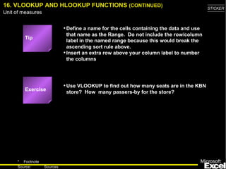 16. VLOOKUP AND HLOOKUP FUNCTIONS (CONTINUED)                                            STICKER
Unit of measures


                             • Define a name for the cells containing the data and use
                               that name as the Range. Do not include the row/column
         Tip
                               label in the named range because this would break the
                               ascending sort rule above.
                             • Insert an extra row above your column label to number
                               the columns




                             • Use VLOOKUP to find out how many seats are in the KBN
         Exercise             store? How many passers-by for the store?




     * Footnote
                                                                                           22
     Source:       Sources
 