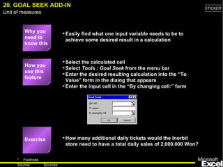20. GOAL SEEK ADD-IN                                                                     STICKER
Unit of measures


         Why you
                             • Easily find what one input variable needs to be to
         need to              achieve some desired result in a calculation
         know this


                             • Select the calculated cell
         How you
                             • Select Tools : Goal Seek from the menu bar
         use this
                             • Enter the desired resulting calculation into the “To
         feature
                               Value” form in the dialog that appears
                             • Enter the input cell in the “By changing cell:” form




         Exercise            • How many additional daily tickets would the Inorbit
                              store need to have a total daily sales of 2,000,000 Won?


     * Footnote
                                                                                           27
     Source:       Sources
 