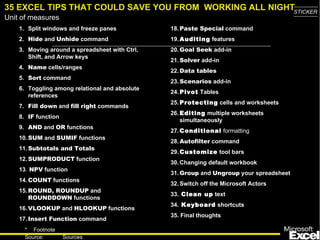 35 EXCEL TIPS THAT COULD SAVE YOU FROM WORKING ALL NIGHTSTICKER
Unit of measures
    1. Split windows and freeze panes           18. Paste Special command
    2. Hide and Unhide command                  19. Auditing features
    3. Moving around a spreadsheet with Ctrl,   20. Goal Seek add-in
       Shift, and Arrow keys
                                                21. Solver add-in
    4. Name cells/ranges
                                                22. Data tables
    5. Sort command
                                                23. Scenarios add-in
    6. Toggling among relational and absolute
                                                24. Pivot Tables
       references
                                                25. Protecting cells and worksheets
    7. Fill down and fill right commands
                                                26. Editing multiple worksheets
    8. IF function
                                                    simultaneously
    9. AND and OR functions
                                                27. Conditional formatting
    10. SUM and SUMIF functions
                                                28. Autofilter command
    11. Subtotals and Totals
                                                29. Customize tool bars
    12. SUMPRODUCT function
                                                30. Changing default workbook
    13. NPV function
                                                31. Group and Ungroup your spreadsheet
    14. COUNT functions
                                                32. Switch off the Microsoft Actors
    15. ROUND, ROUNDUP and
                                                33. Clean up text
        ROUNDDOWN functions
                                                34. Keyboard shortcuts
    16. VLOOKUP and HLOOKUP functions
                                                35. Final thoughts
    17. Insert Function command
      * Footnote
                                                                                         3
      Source:        Sources
 