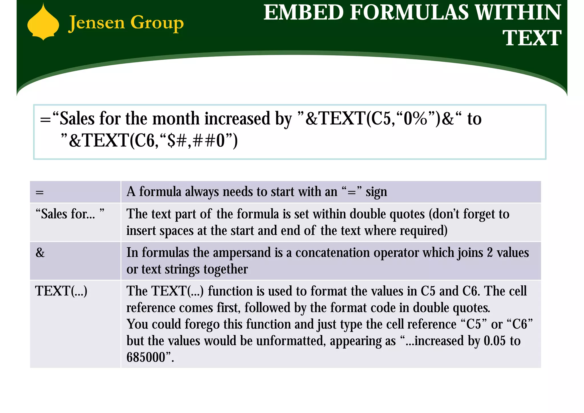 EMBED FORMULAS WITHIN
                                                             TEXT


=“Sales for the month increased by ”&TEXT(C5,“0%”)&“ to
  ”&TEXT(C6,“$#,##0”)

=                 A formula always needs to start with an “=” sign
“Sales for... ”   The text part of the formula is set within double quotes (don’t forget to
                  insert spaces at the start and end of the text where required)
&                 In formulas the ampersand is a concatenation operator which joins 2 values
                  or text strings together
TEXT(...)         The TEXT(...) function is used to format the values in C5 and C6. The cell
                  reference comes first, followed by the format code in double quotes.
                  You could forego this function and just type the cell reference “C5” or “C6”
                  but the values would be unformatted, appearing as “...increased by 0.05 to
                  685000”.
 
