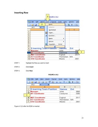 21
Inserting Row
FIGURE 4.10.2
STEP 1: Highlight the Row you want to insert
STEP 2: Click Insert
STEP 3: Click Row
FIGURE 4.10.2
Figure 4.10.2 after the ROW is inserted
1
3
2
1
 