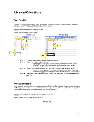 35
Advanced Calculations
Sum Function
Probably the most popular function in any spreadsheet is the SUM function. The Sum function takes all of
the values in each of the specified cells and totals their values.
Definition: Adds all the numbers in a range of cells.
Syntax: SUM (First value, Second value, ...)
FIGURE 9.1.1 FIGURE 9.1.2
STEP 1: Click the cell where you want to enter a calculation
STEP 2: Type ‘=’ (the equal sign) Arrow 1a
o By typing the equal sign in front of an entry, it informs Excel that you are
entering a formula, rather than a label or a value. Also notice “Enter”
appearing on the status bar.
STEP 3: Type in your desired equation, (e.g. A1, B2+C3+D4+E5) See Arrow 2a & 2b
o Notice the result appears in the cell you selected initially (See Arrow 1b)
and the formula appears in the formula bar. Note Excel is not case-sensitive
STEP 4: Click on the Enter button on the formula bar (See Arrow 3) and the answer is 15
(see 1b)
Average Function
There are many functions built into many spreadsheets. One of the first ones that we are going to discuss is
the Average function. The average function finds the average of the specified data. (Simplifies adding all of
the indicated cells together and dividing by the total number of cells.)
Definition: Returns the average (arithmetic mean) of the arguments.
Syntax: AVERAGE (First value, Second value,...)
FIGURE 9.2
2a
1a
1b
2b
3
 